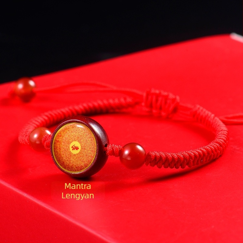 Narukvica s Thangkom i cinnibarom, mantra Zelene Tara; ručno pletena, unisex, retro književno-umjetnički stil