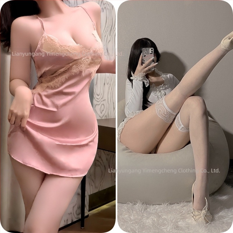 Yimeng Orange seksi noćna haljina bez rukava od ledenog svila, čipkasti izrez, cami stil