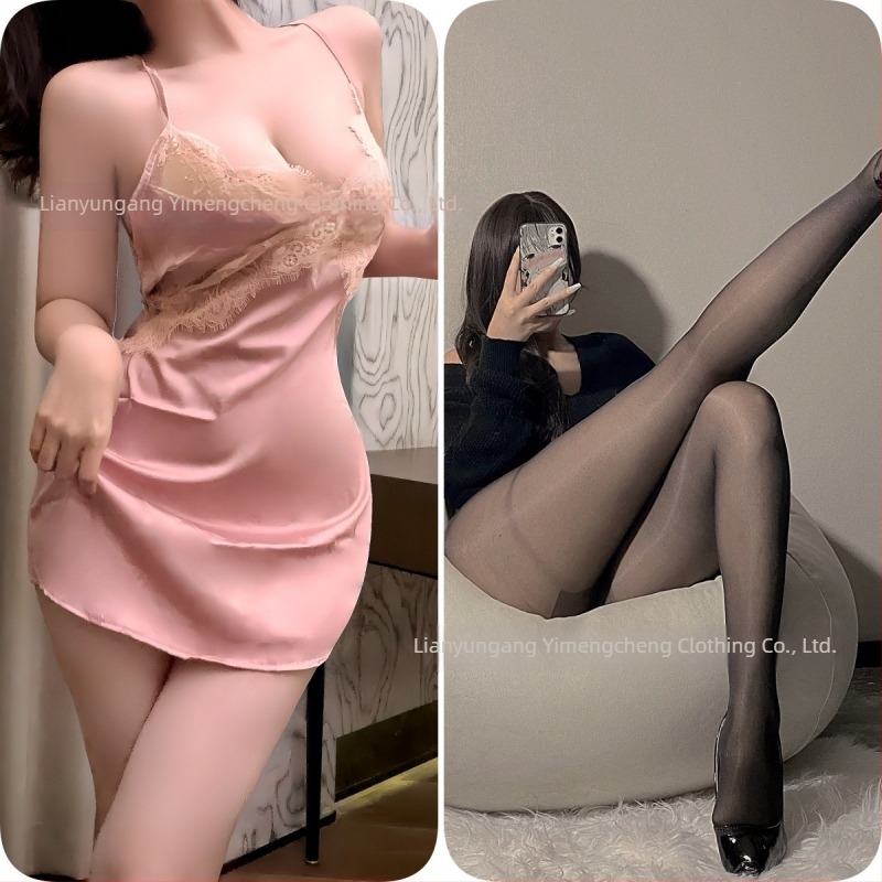 Yimeng Orange seksi noćna haljina bez rukava od ledenog svila, čipkasti izrez, cami stil
