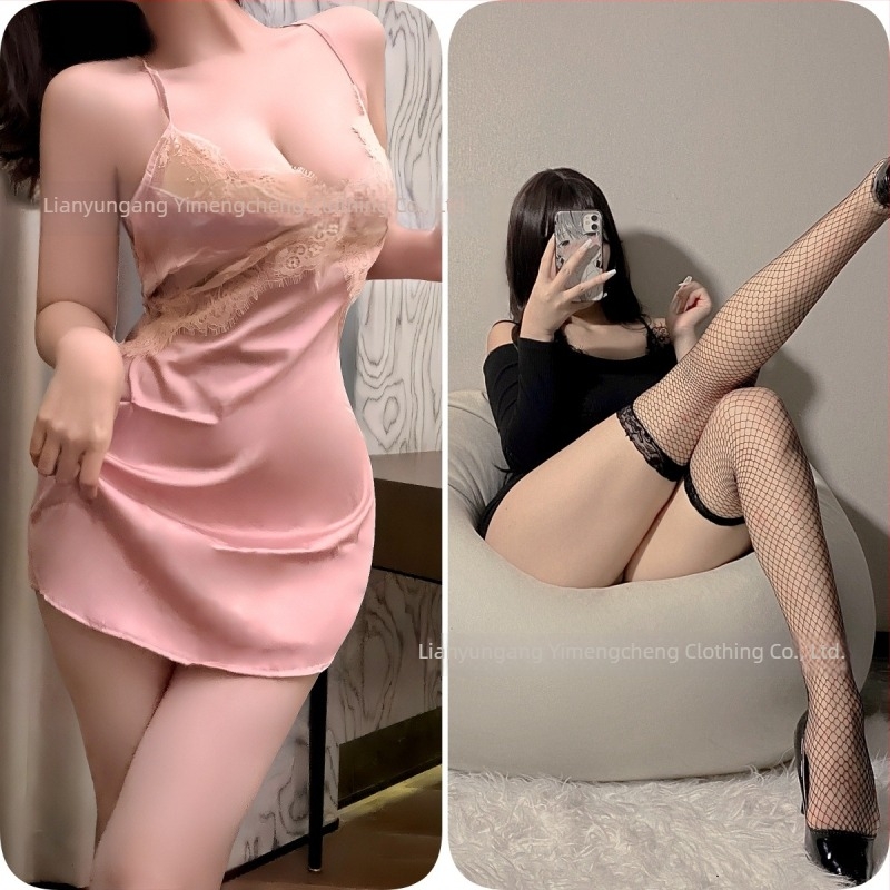 Yimeng Orange seksi noćna haljina bez rukava od ledenog svila, čipkasti izrez, cami stil