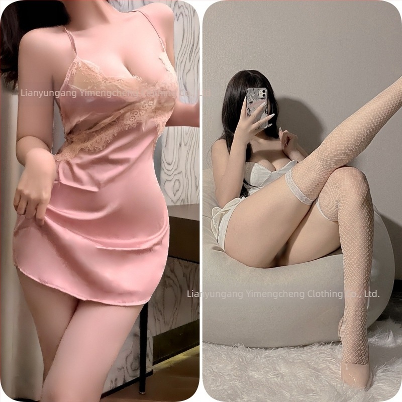 Yimeng Orange seksi noćna haljina bez rukava od ledenog svila, čipkasti izrez, cami stil