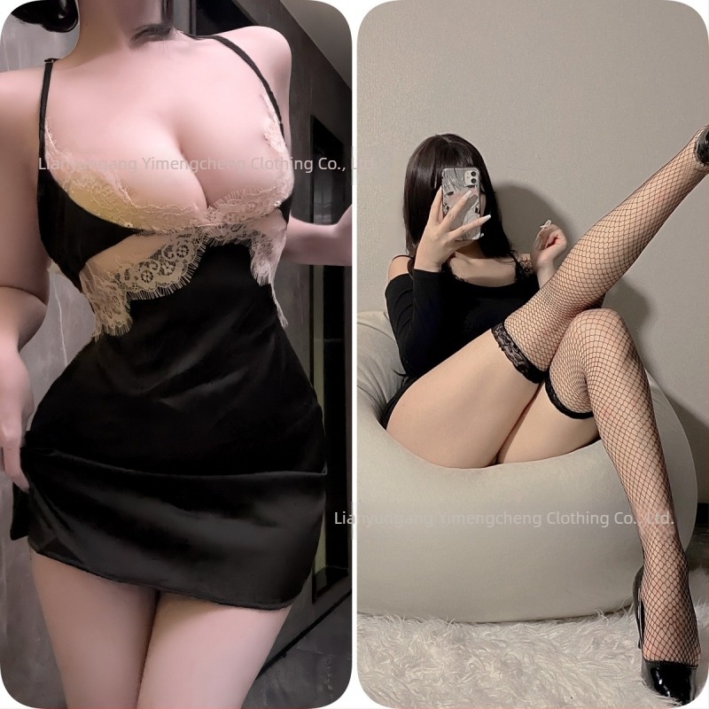 Yimeng Orange seksi noćna haljina bez rukava od ledenog svila, čipkasti izrez, cami stil