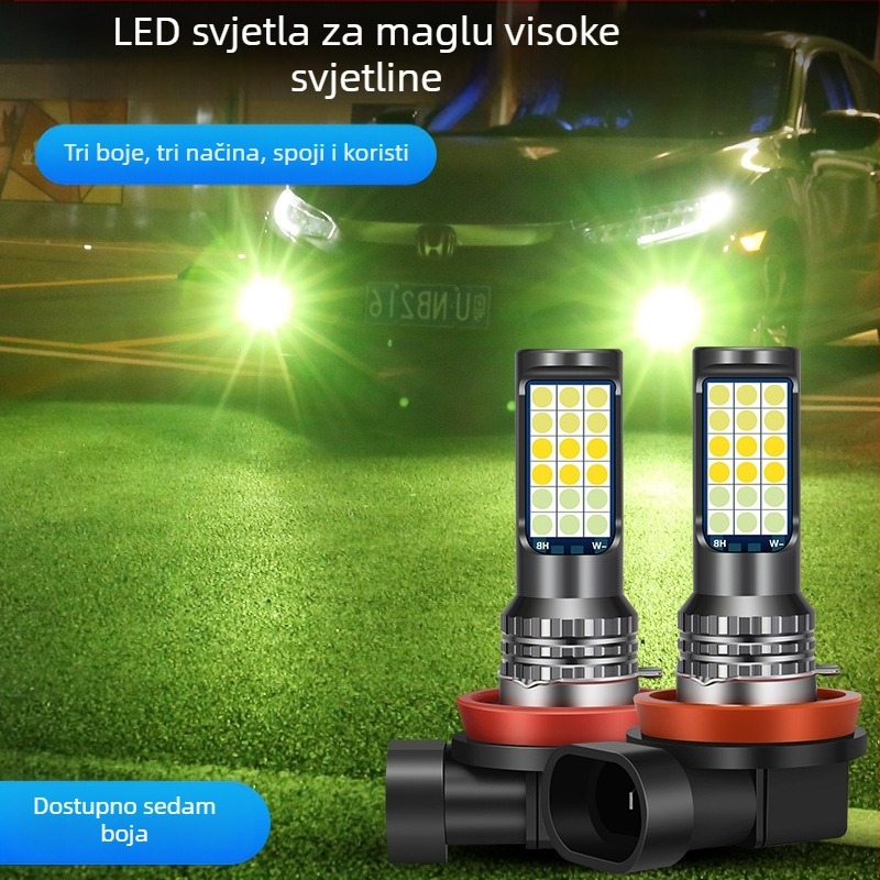 Automobilska LED prednja svjetiljka za maglu s tri boje 3030, kompatibilna s H3/H8/H11 – prednja magla žarulja sa bljeskom