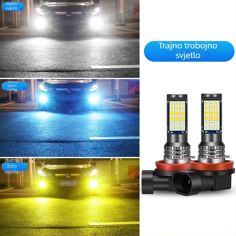 Automobilska LED prednja svjetiljka za maglu s tri boje 3030, kompatibilna s H3/H8/H11 – prednja magla žarulja sa bljeskom