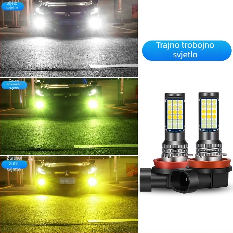 Automobilska LED prednja svjetiljka za maglu s tri boje 3030, kompatibilna s H3/H8/H11 – prednja magla žarulja sa bljeskom