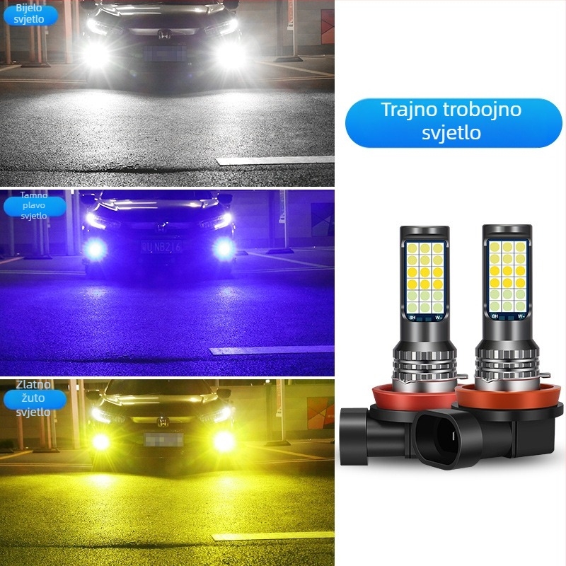 Automobilska LED prednja svjetiljka za maglu s tri boje 3030, kompatibilna s H3/H8/H11 – prednja magla žarulja sa bljeskom