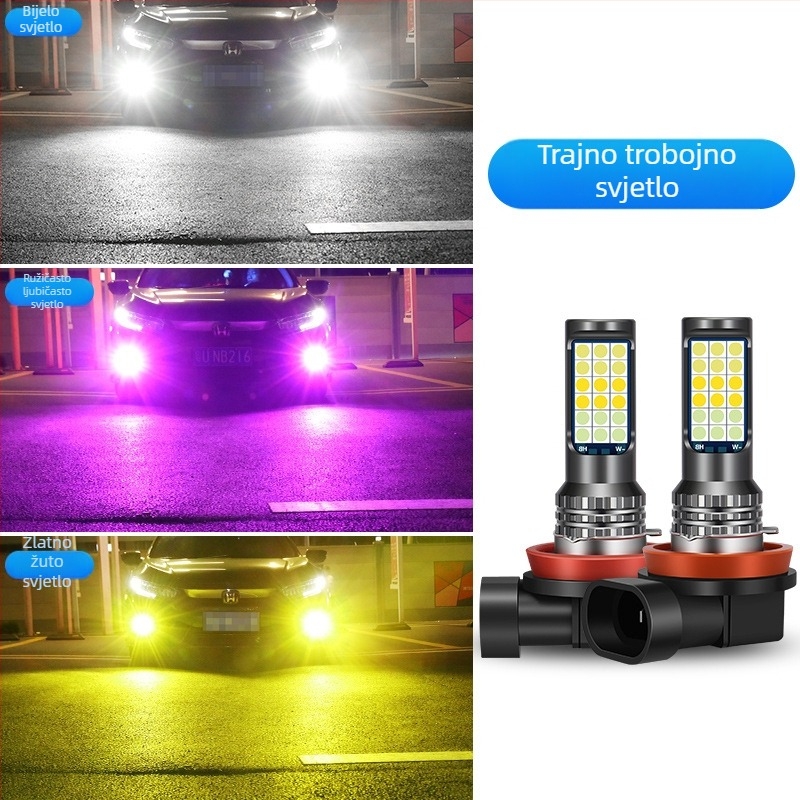 Automobilska LED prednja svjetiljka za maglu s tri boje 3030, kompatibilna s H3/H8/H11 – prednja magla žarulja sa bljeskom