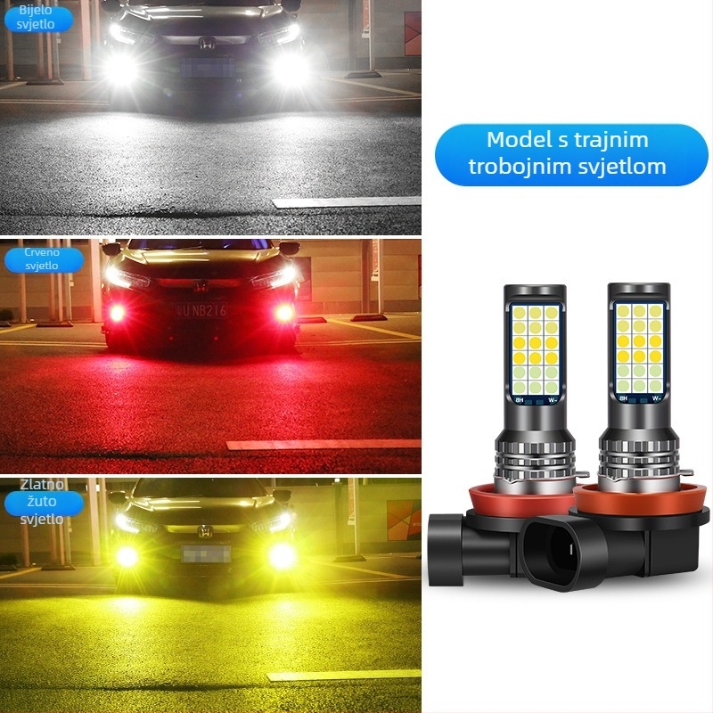 Automobilska LED prednja svjetiljka za maglu s tri boje 3030, kompatibilna s H3/H8/H11 – prednja magla žarulja sa bljeskom