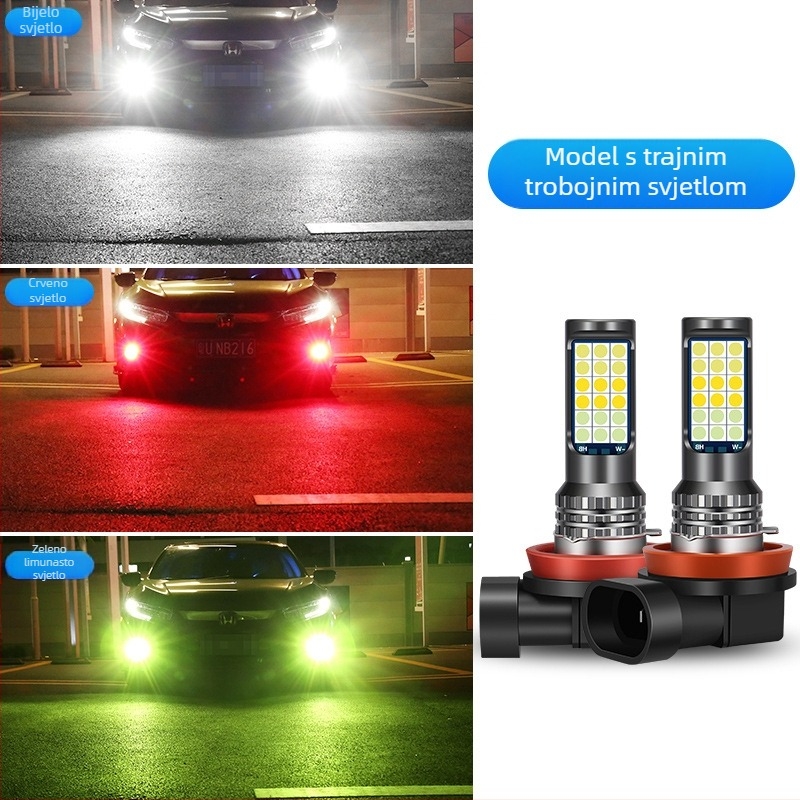 Automobilska LED prednja svjetiljka za maglu s tri boje 3030, kompatibilna s H3/H8/H11 – prednja magla žarulja sa bljeskom