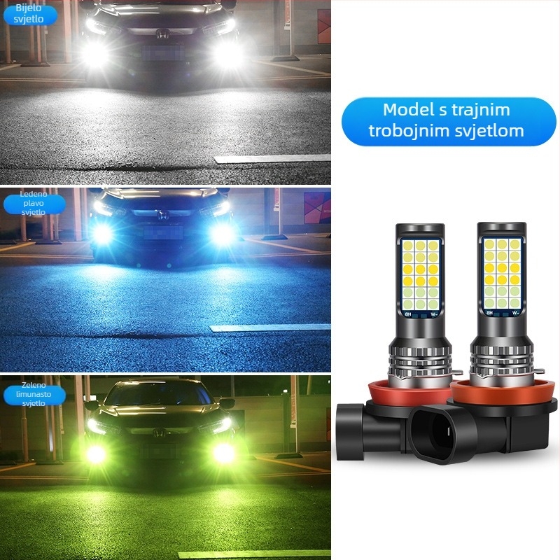 Automobilska LED prednja svjetiljka za maglu s tri boje 3030, kompatibilna s H3/H8/H11 – prednja magla žarulja sa bljeskom