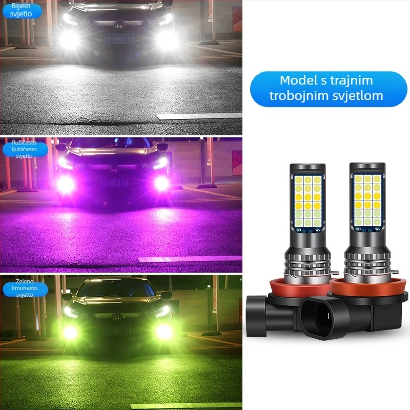 Automobilska LED prednja svjetiljka za maglu s tri boje 3030, kompatibilna s H3/H8/H11 – prednja magla žarulja sa bljeskom