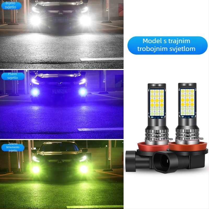 Automobilska LED prednja svjetiljka za maglu s tri boje 3030, kompatibilna s H3/H8/H11 – prednja magla žarulja sa bljeskom