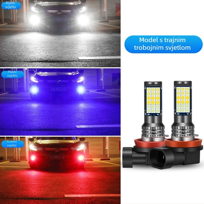 Automobilska LED prednja svjetiljka za maglu s tri boje 3030, kompatibilna s H3/H8/H11 – prednja magla žarulja sa bljeskom