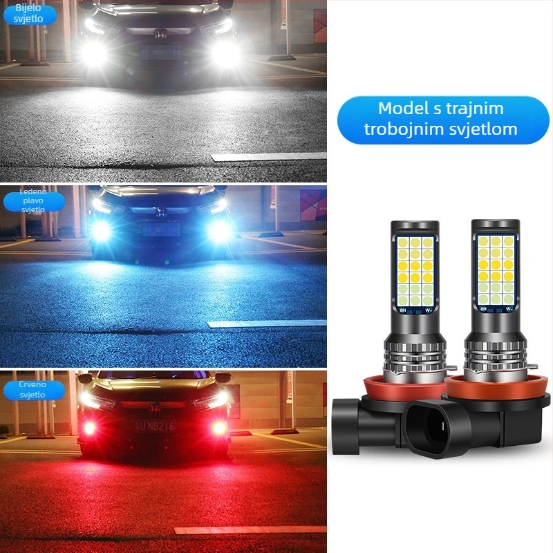 Automobilska LED prednja svjetiljka za maglu s tri boje 3030, kompatibilna s H3/H8/H11 – prednja magla žarulja sa bljeskom