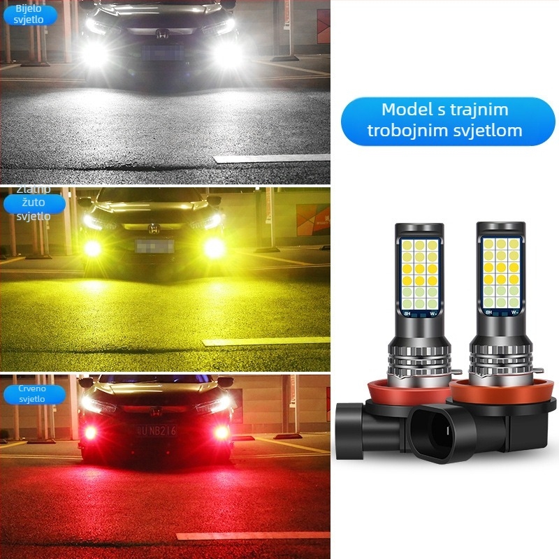 Automobilska LED prednja svjetiljka za maglu s tri boje 3030, kompatibilna s H3/H8/H11 – prednja magla žarulja sa bljeskom