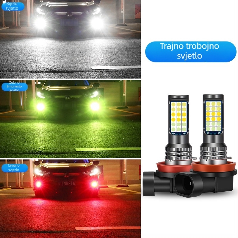 Automobilska LED prednja svjetiljka za maglu s tri boje 3030, kompatibilna s H3/H8/H11 – prednja magla žarulja sa bljeskom