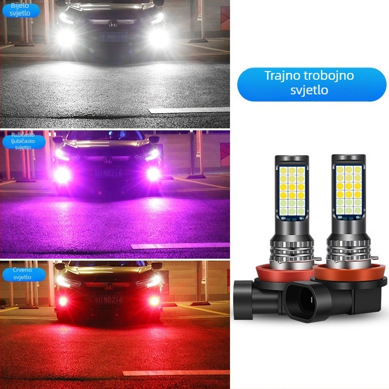 Automobilska LED prednja svjetiljka za maglu s tri boje 3030, kompatibilna s H3/H8/H11 – prednja magla žarulja sa bljeskom