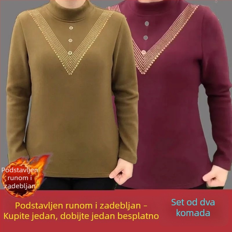 Plus veličine ženski top od njemačkog velura, s polugornim ovratnikom, termalni, jesen-zima