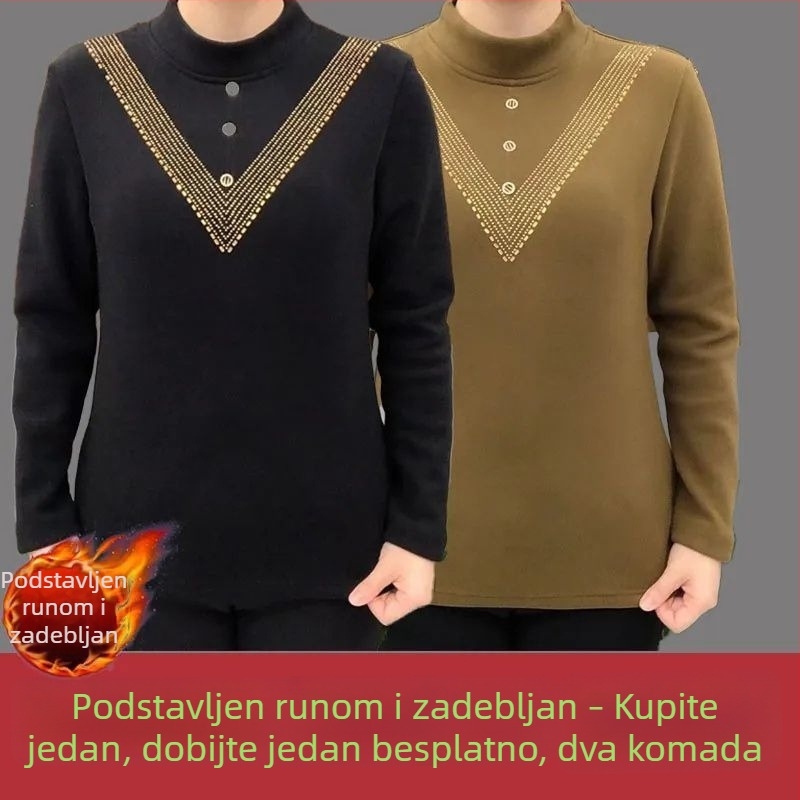 Plus veličine ženski top od njemačkog velura, s polugornim ovratnikom, termalni, jesen-zima