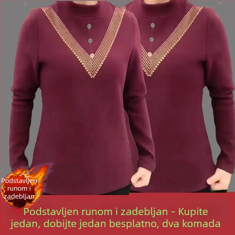 Plus veličine ženski top od njemačkog velura, s polugornim ovratnikom, termalni, jesen-zima