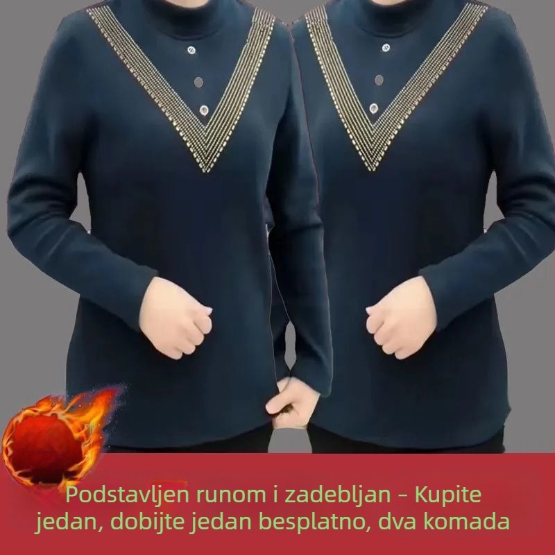 Plus veličine ženski top od njemačkog velura, s polugornim ovratnikom, termalni, jesen-zima