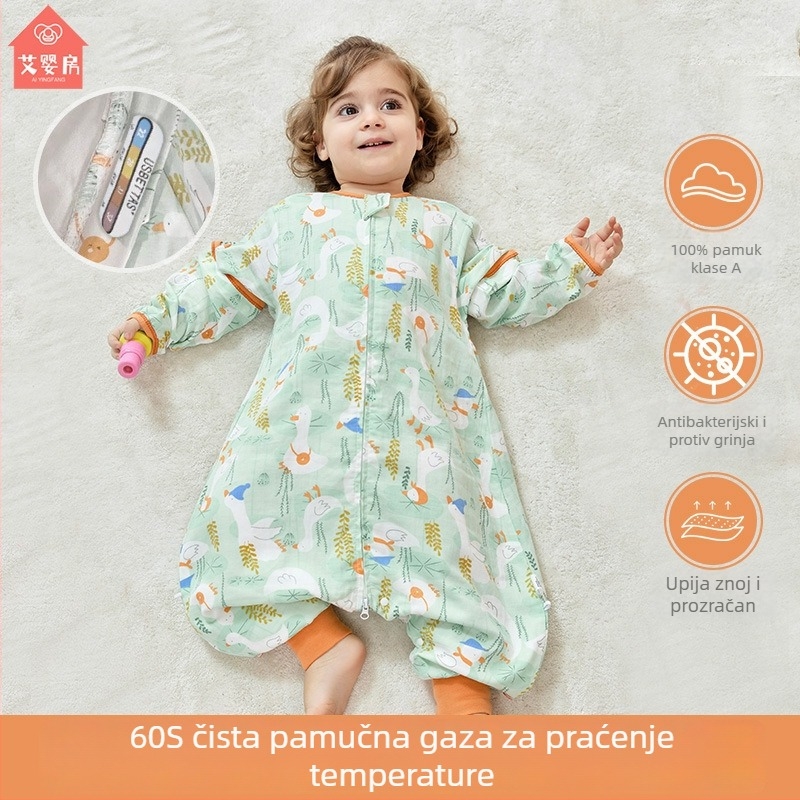 Dječji spavaći vreć od gaze, tanak, s podijeljenim nogama, za sve sezone, s odvojivim rukavima, antibakterijski, upija vlagu, punilo od pamuka