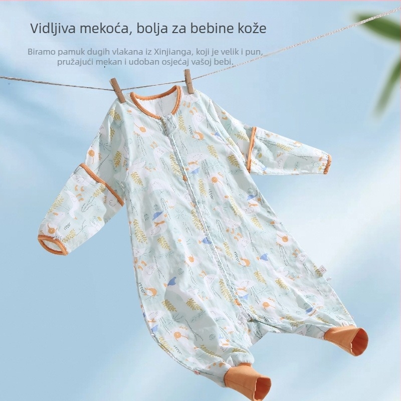 Dječji spavaći vreć od gaze, tanak, s podijeljenim nogama, za sve sezone, s odvojivim rukavima, antibakterijski, upija vlagu, punilo od pamuka