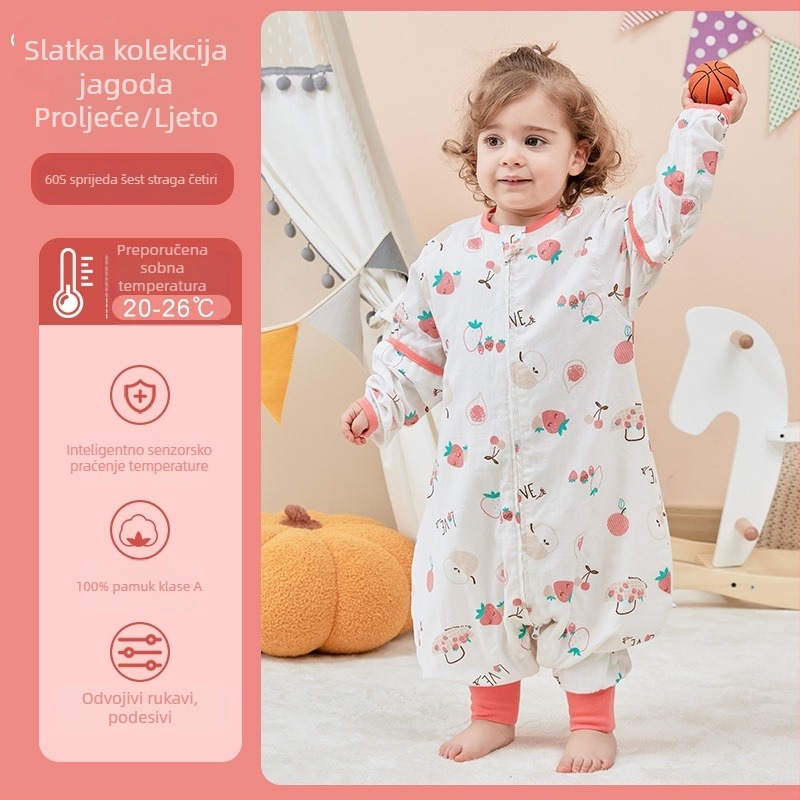 Dječji spavaći vreć od gaze, tanak, s podijeljenim nogama, za sve sezone, s odvojivim rukavima, antibakterijski, upija vlagu, punilo od pamuka