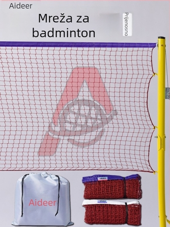 Prijenosna badminton mreža marke Aidil za amatersku praksu i igru na otvorenom, sa stubovima i mrežom