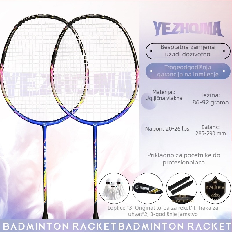 Set reketa za badminton s karbonskim okvirom i najlonskim žicama, za odrasle, singlove i parove, srednja čvrstoća