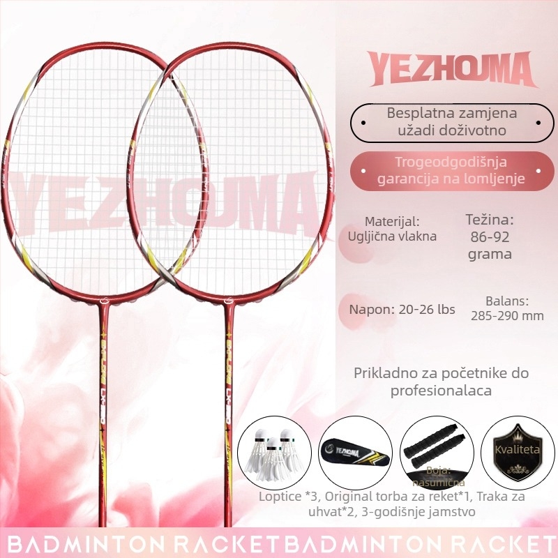 Set reketa za badminton s karbonskim okvirom i najlonskim žicama, za odrasle, singlove i parove, srednja čvrstoća