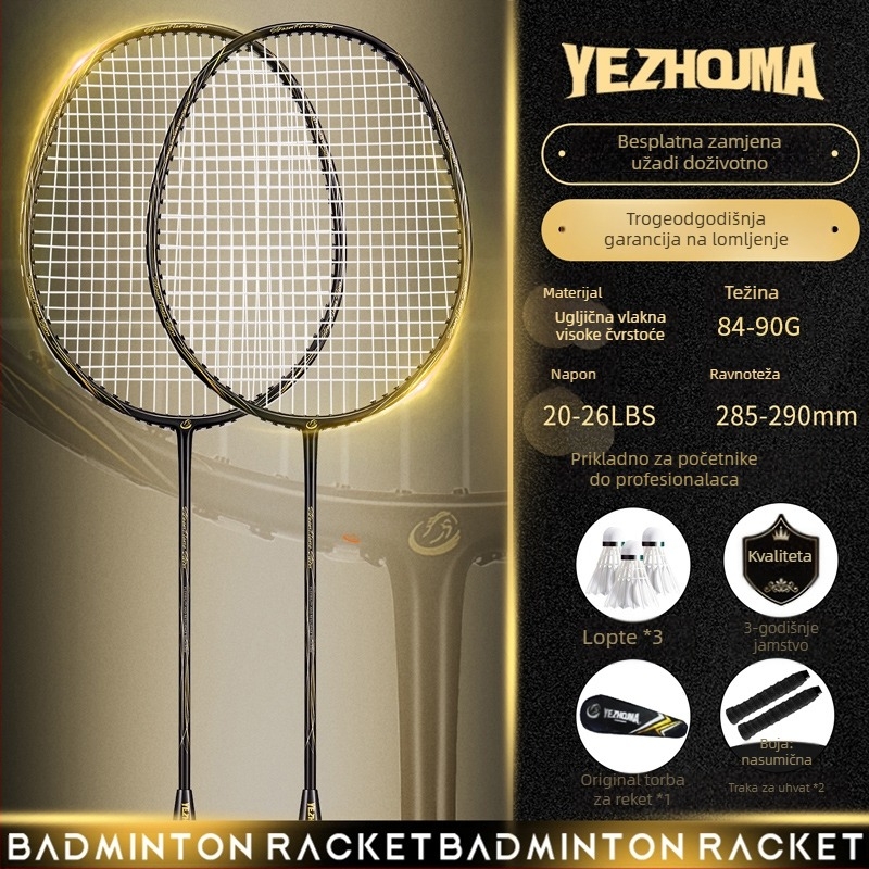 Set reketa za badminton s karbonskim okvirom i najlonskim žicama, za odrasle, singlove i parove, srednja čvrstoća