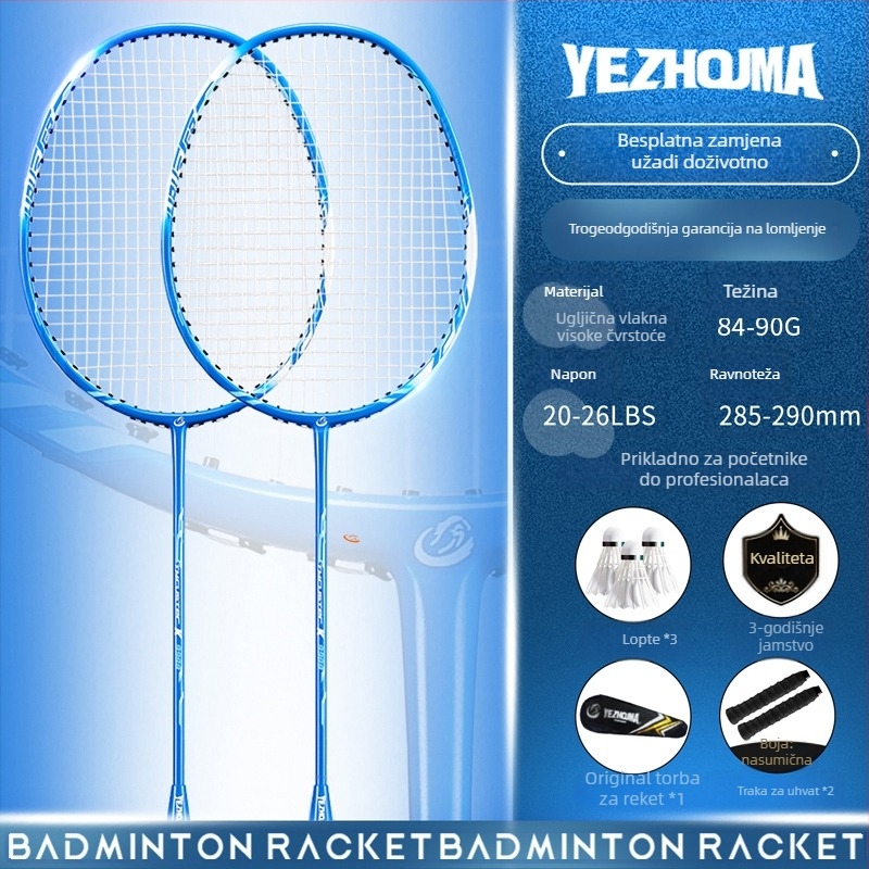 Set reketa za badminton s karbonskim okvirom i najlonskim žicama, za odrasle, singlove i parove, srednja čvrstoća