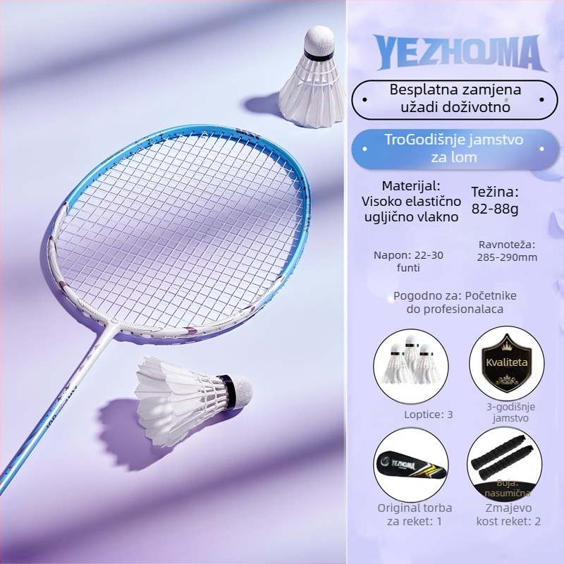 Set reketa za badminton s karbonskim okvirom i najlonskim žicama, za odrasle, singlove i parove, srednja čvrstoća