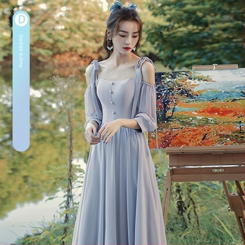 Haljina za djeverušu - Jesenska elegancija 2025, srednja duljina, bez rukava, kineski stil, književno retro