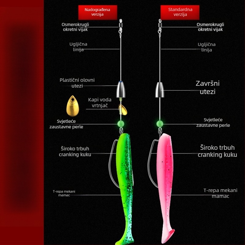 Texas rig ribolovni set s crank kukicama, olovna glava, kuka broj 1, spojena linija i mekane mamice s T-repom