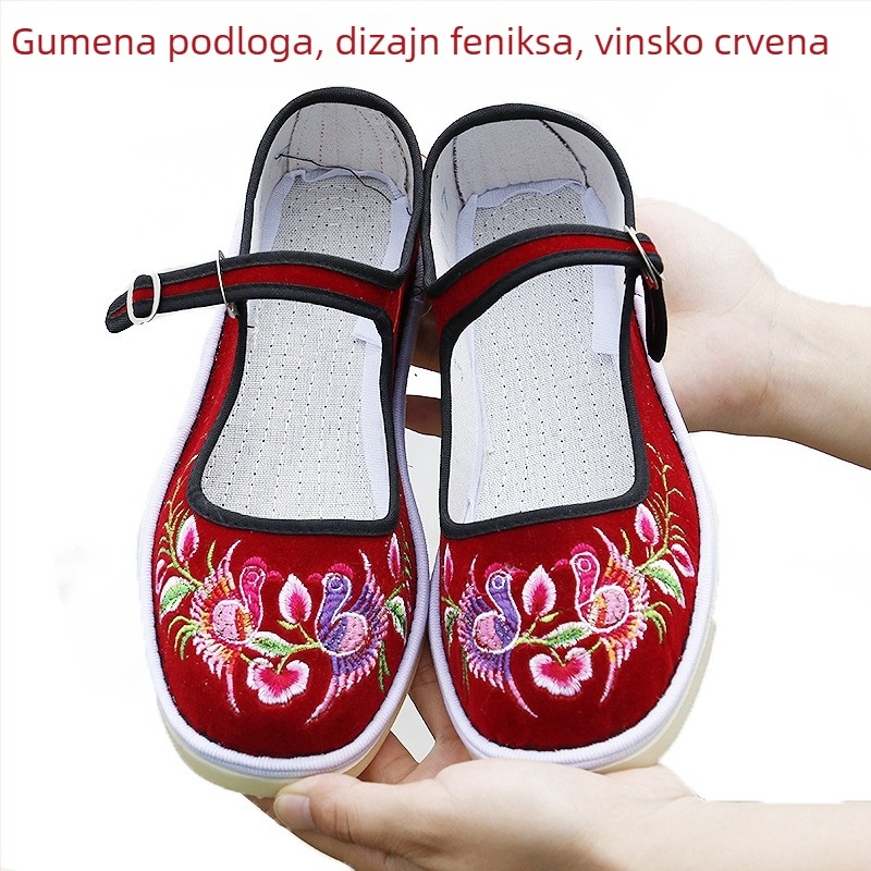 Ručne izrađene platnene cipele s etničkom vezom u cvjetnom uzorku; okrugli vrh; nizak potpetice 1–3 cm