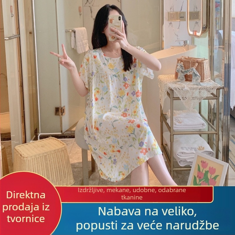 Noćna haljina od pamuk-satenske smjese, duga, okrugli izrez, 3/4 rukavi, prozračna, antibakterijska, udobna, pogodna za kuću i vanjsku upotrebu, luksuzan stil