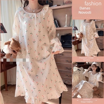 Noćna haljina za spavanje, japanskog stila s floralnim uzorkom, dugi rukavi, okrugli izrez, mješavina pamuk-poliester, za sve sezone kućna odjeća