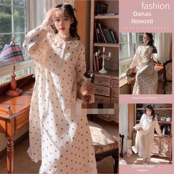 Noćna haljina za spavanje, japanskog stila s floralnim uzorkom, dugi rukavi, okrugli izrez, mješavina pamuk-poliester, za sve sezone kućna odjeća