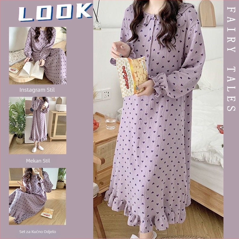 Noćna haljina za spavanje, japanskog stila s floralnim uzorkom, dugi rukavi, okrugli izrez, mješavina pamuk-poliester, za sve sezone kućna odjeća