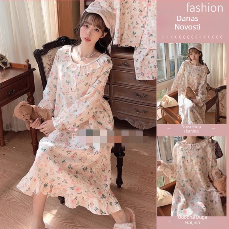 Noćna haljina za spavanje, japanskog stila s floralnim uzorkom, dugi rukavi, okrugli izrez, mješavina pamuk-poliester, za sve sezone kućna odjeća