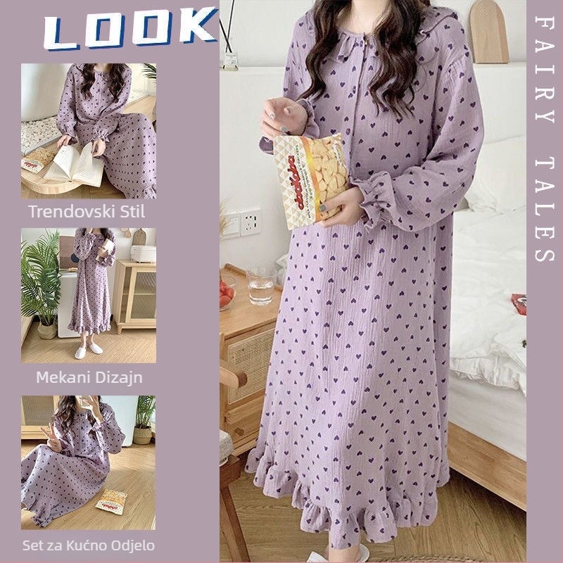 Noćna haljina za spavanje, japanskog stila s floralnim uzorkom, dugi rukavi, okrugli izrez, mješavina pamuk-poliester, za sve sezone kućna odjeća