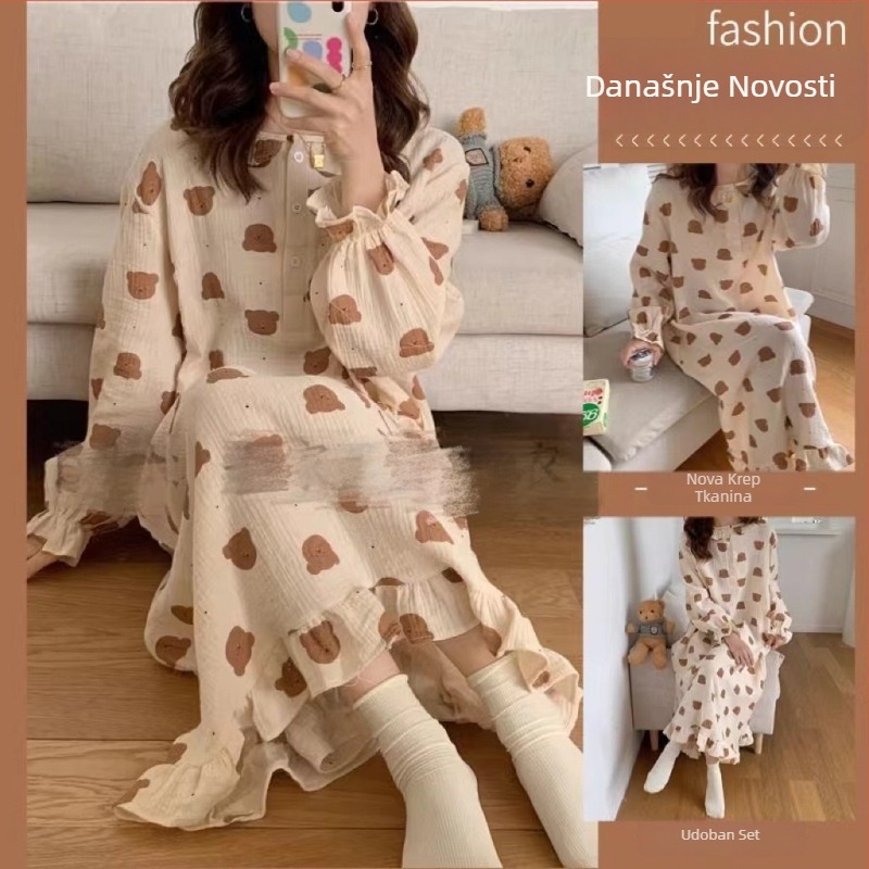 Noćna haljina za spavanje, japanskog stila s floralnim uzorkom, dugi rukavi, okrugli izrez, mješavina pamuk-poliester, za sve sezone kućna odjeća