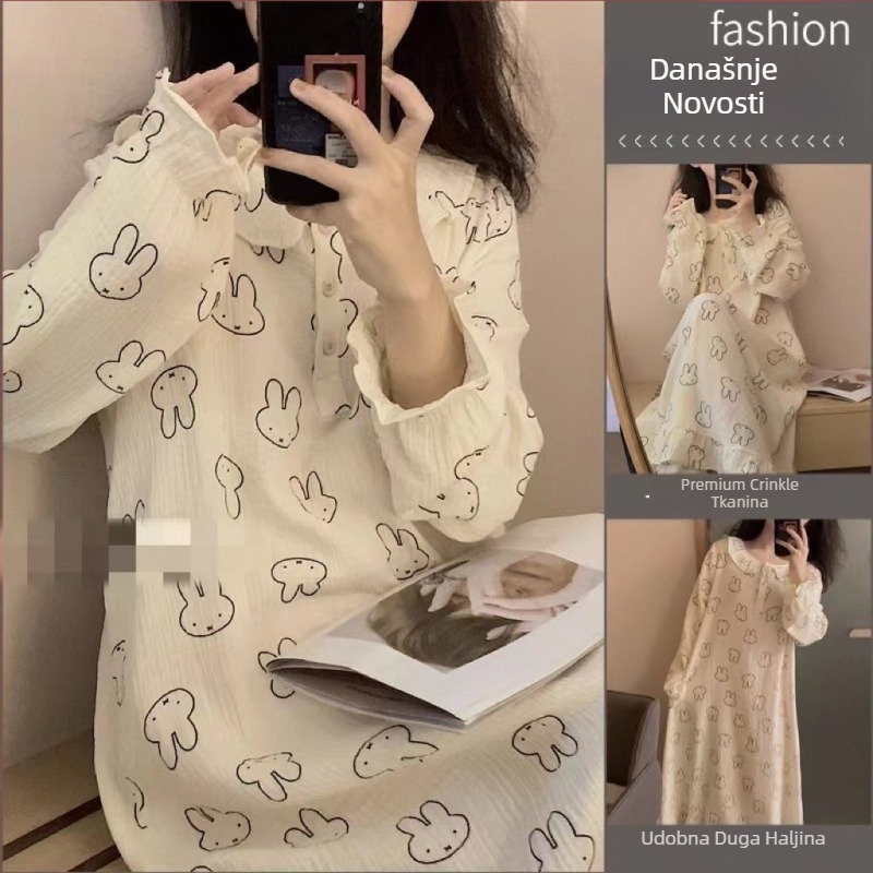 Noćna haljina za spavanje, japanskog stila s floralnim uzorkom, dugi rukavi, okrugli izrez, mješavina pamuk-poliester, za sve sezone kućna odjeća