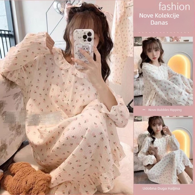 Noćna haljina za spavanje, japanskog stila s floralnim uzorkom, dugi rukavi, okrugli izrez, mješavina pamuk-poliester, za sve sezone kućna odjeća