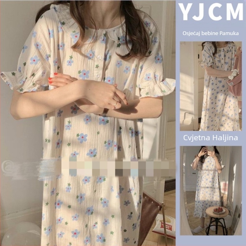 Noćna haljina za spavanje, japanskog stila s floralnim uzorkom, dugi rukavi, okrugli izrez, mješavina pamuk-poliester, za sve sezone kućna odjeća