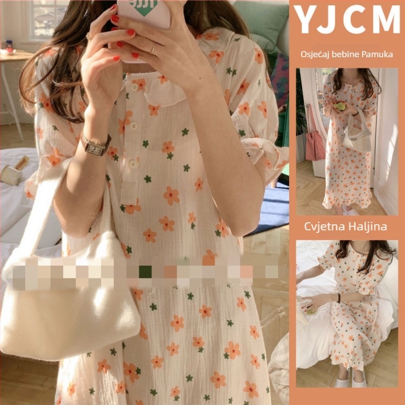 Noćna haljina za spavanje, japanskog stila s floralnim uzorkom, dugi rukavi, okrugli izrez, mješavina pamuk-poliester, za sve sezone kućna odjeća