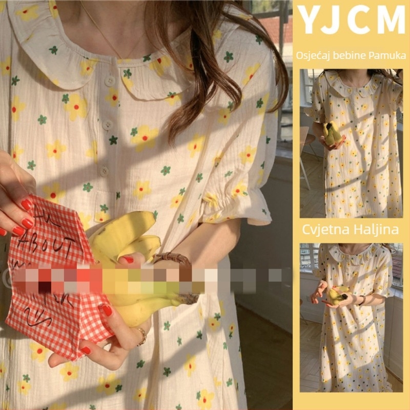 Noćna haljina za spavanje, japanskog stila s floralnim uzorkom, dugi rukavi, okrugli izrez, mješavina pamuk-poliester, za sve sezone kućna odjeća