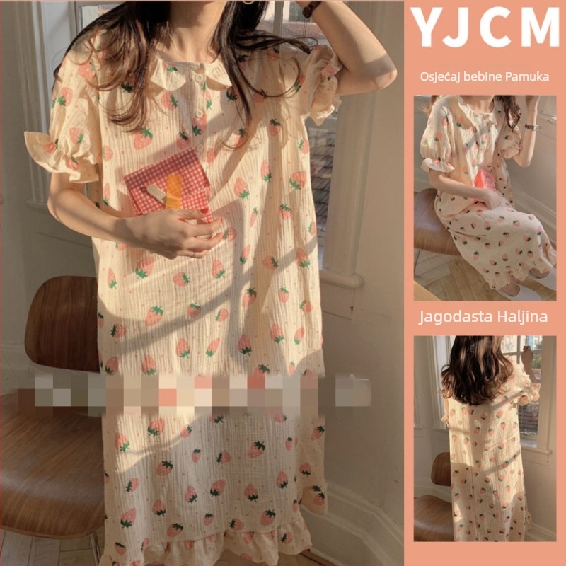 Noćna haljina za spavanje, japanskog stila s floralnim uzorkom, dugi rukavi, okrugli izrez, mješavina pamuk-poliester, za sve sezone kućna odjeća